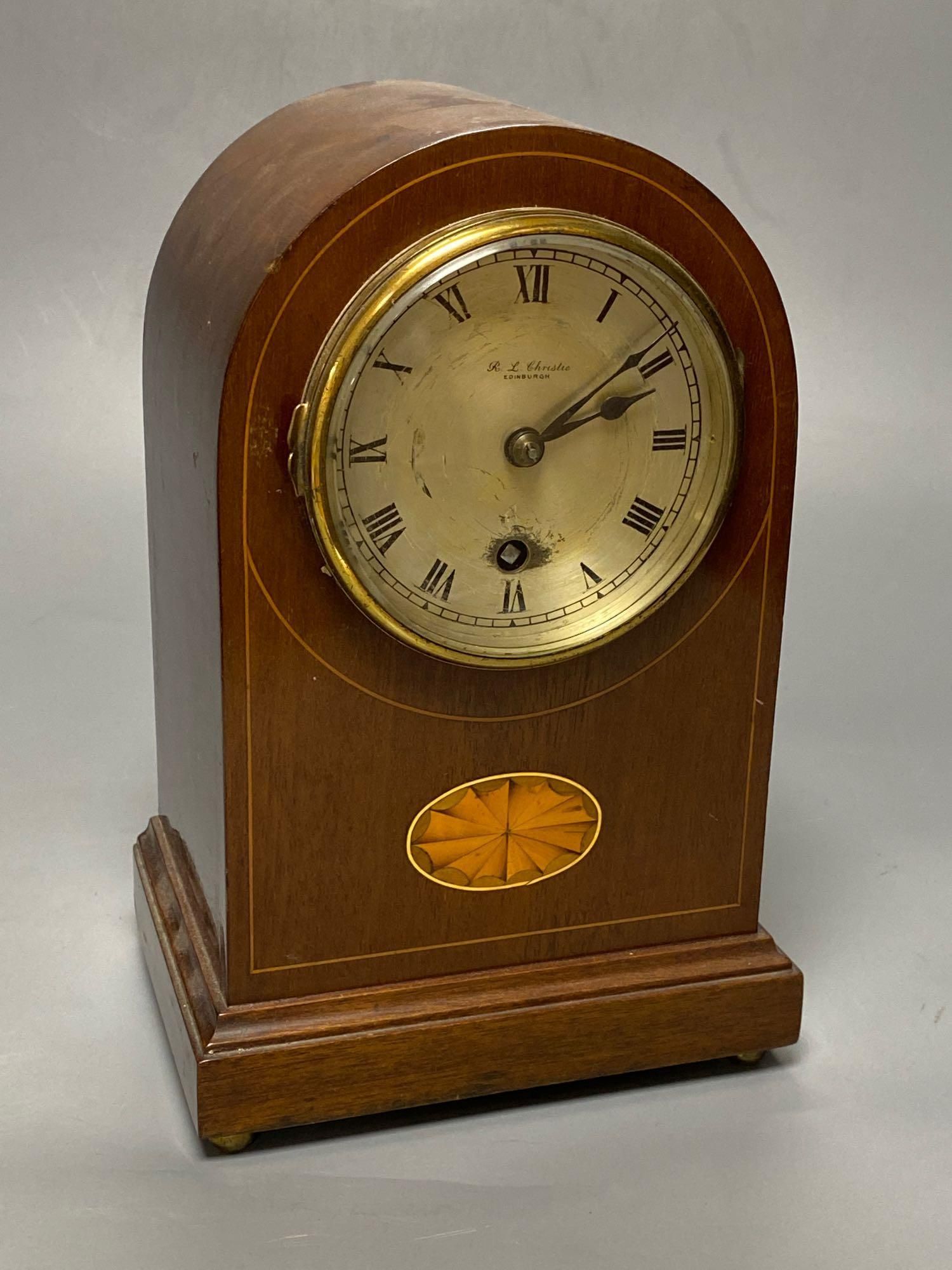 An Edwardian inlaid mahogany eight day mantel clock, with spring drive timepiece movement, 26cm